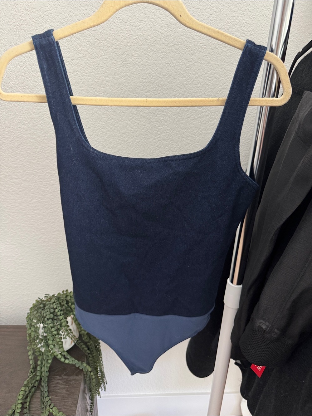 Express Navy and Slate Blue Square-Neck Bodysuit